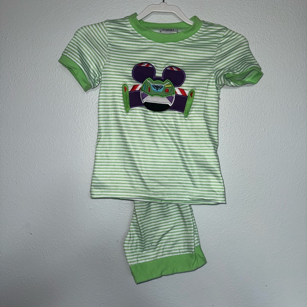 Mickey Green Striped Kids Pajama Set with Buzz Mouse Appliqué